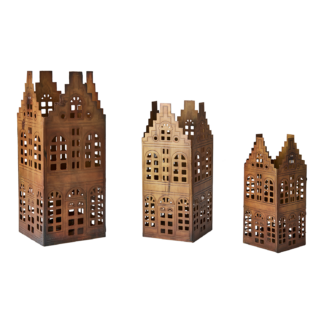 Ljuslykta hus mässingfärgad set om 3