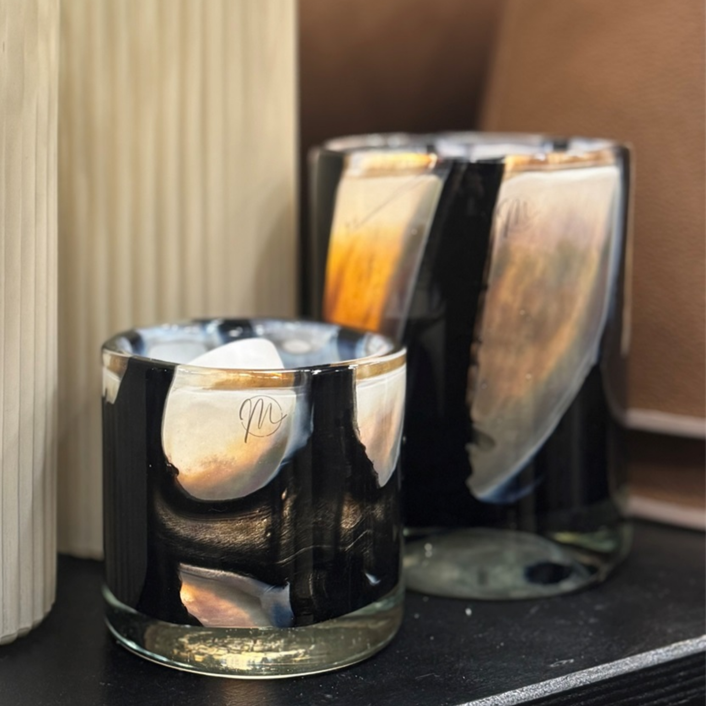Ljuslykta Återvunnet Glas Vit/Beige/Svart S - Unik - Bild 3